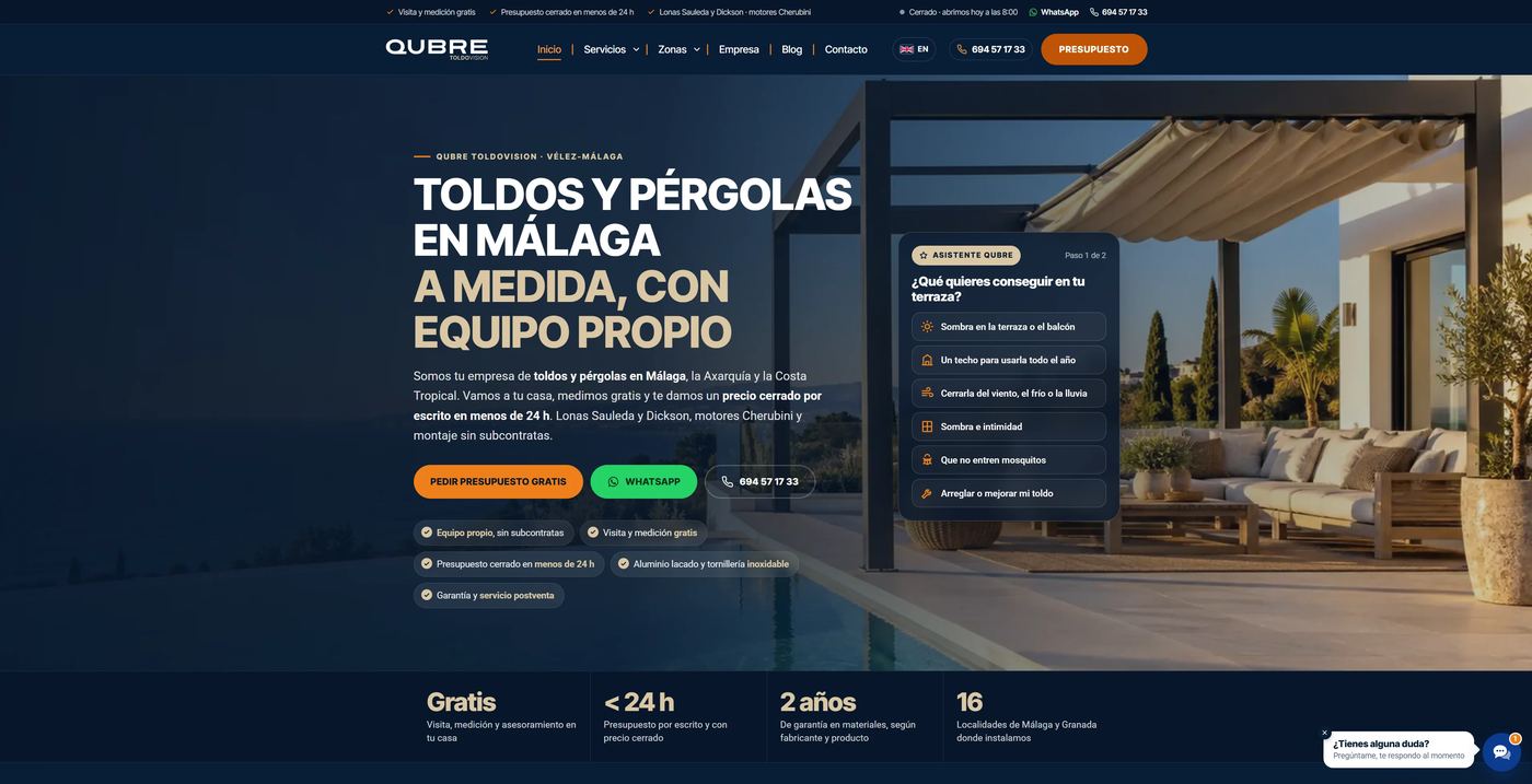 Portada de qubre.es: toldos y pérgolas en Málaga, con el asistente Qubre, visita gratis, presupuesto en menos de 24 h, 2 años de garantía y 16 localidades